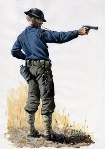 Első világháború 1914-1918: az amerikai hadsereg gyalogosa pisztollyal 1917-ben a nyugati fronton. Alessandro Lonati rajza alkotó: Alessandro Lonati