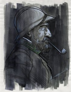 Első világháború 1914-1918: Az olasz hadsereg egyik katonájának profilképe 1915-ben pipázva. Alessandro Lonati rajza alkotó: Alessandro Lonati