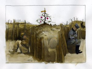Első világháború: két ellenséges katona, brit (balra) és német magány a lövészárokban karácsonykor 1914-1918 Illusztráció: Alessandro Lonati alkotó: Alessandro Lonati
