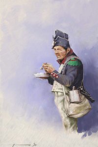 Első birodalom: könnyű gyalogos katona étkezés közben I. Napóleon hadjárata alatt (valószínűleg Oroszországban) 19. század eleje. Illusztráció: Alessandro Lonati. 2010 alkotó: Alessandro Lonati