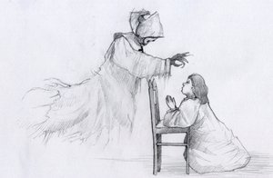 Egy görbe kezű idős apáca szelleme megjelenik egy imádkozó kislánynak Illusztráció: Alessandro Lonati alkotó: Alessandro Lonati