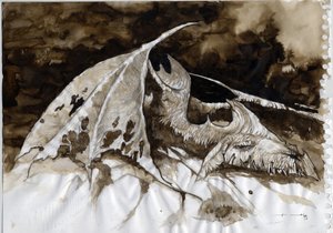 Egy fantasztikus és legendás állat illusztrációja: döglött sárkánytetem. Alessandro Lonati színes rajza. alkotó: Alessandro Lonati
