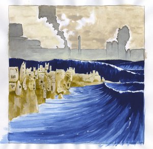 Az Atlantisz-tenger (Atlantisz) alatt eltűnt sziget mítoszának illusztrációja: kilátás a nyughatatlan tengerre a legendás szigetet elárasztó vulkán kitörése után. Alessandro Lonati színes rajza. alkotó: Alessandro Lonati