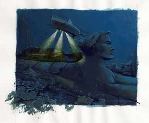 Az Atlantisz-tenger (Atlantisz) alatt eltűnt sziget mítoszának illusztrációja: egy tengeralattjáró (tengeralattjáró) felfedezi a legendás sziget fenekét és felfedezi a romjait. Alessandro Lonati színes rajza. alkotó: Alessandro Lonati