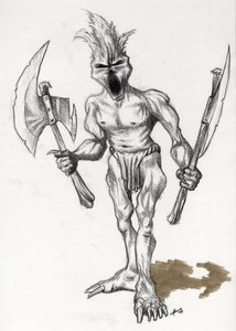 Legendás szörnyeteg a Fantasy Illusztrációhoz: troll harcos baltákkal. Alessandro Lonati rajza alkotó: Alessandro Lonati