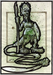 Legendás szörnyeteg fantasy illusztrációhoz: törzsi lény vagy harcos arca lándzsával, pajzzsal és tollfarokkal. Alessandro Lonati rajza alkotó: Alessandro Lonati