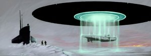 Találkozás az Északi-sarkon egy U-boot tengeralattjáró és egy repülő csészealj (UFO, UFO vagy alien) között a háború alatt idegenek által elfoglalt tengeralattjáró visszaállítása céljából. Alessandro Lonati rajza