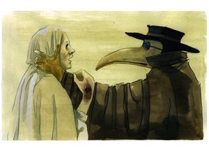 Csőrszerű maszkot viselő pestisorvos, amelyet aromás tárgyakkal töltöttek meg az áldozat előtt alkotó: Alessandro Lonati
