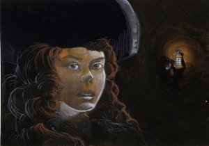 Egy kalóz nő (magánember) vagy tengerész portréja az éjszakában, egy másik kalóz lámpásával megvilágítva. Alessandro Lonati színes rajza. alkotó: Alessandro Lonati