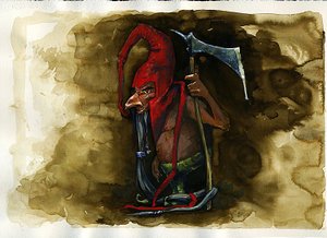 A Goblin család legendás rosszindulatú lényének ábrázolása a brit folklórból – (vörössapkás, rosszindulatú gyilkos törpe, goblin, elf vagy tündér a Border Folklore-ban található) Illusztráció: Alessandro Lo alkotó: Alessandro Lonati