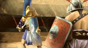 Római művészet: gladiátorok párharca egy mirmillo gladiátor (balra) és egy trákia között egy amfiteátrumban. Alessandro Lonati rajza alkotó: Alessandro Lonati