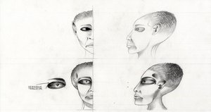 Tudományos-fantasztikus illusztráció (sci-fi): egy idegen vagy idegen (idegen vagy idegen) arcának tanulmányozása a Mars bolygótól a világűr vagy a világegyetem meghódításáig. Alessandro Lonati rajza alkotó: Alessandro Lonati