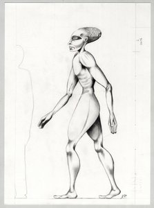 Sci-fi illusztráció: egy idegen vagy földönkívüli (idegen vagy földönkívüli) a Mars bolygóról a világűr vagy a világegyetem meghódításáig. Alessandro Lonati rajza alkotó: Alessandro Lonati