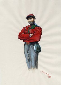 Második Birodalom (1852-1870): olasz egyesülés (Risorgimento), a garibaldi hadsereg önkéntes tisztje, akit „vörösinges” harcosként ismertek Giuseppe Garibaldi (1807-1882) ügyéért Olaszországban alkotó: Alessandro Lonati