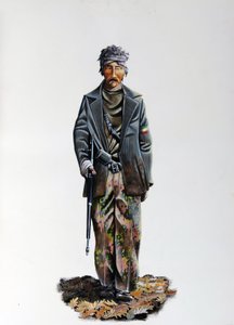 Második világháború: az Olasz Ellenállás (maquis vagy gerillák, partizán) (Resistenza Italiana) tagja, terepszínű ruhát és fegyvert visel géppuskával. 1943-1945. Illusztráció: Alessandro Lonati alkotó: Alessandro Lonati