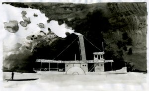 Gőzhajó Illusztráció az új „” A sötétség szívében” című művéről, Joseph Conrad. 2012 alkotó: Alessandro Lonati