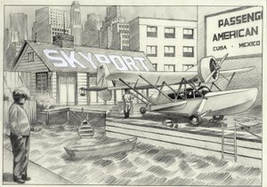 USA, New York: kilátás a tengeri repülőtérre, egy hidroplánnal, amely dekorációra vár az 1950-es években. Alessandro Lonati rajza alkotó: Alessandro Lonati