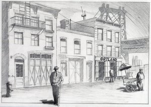 Egyesült Államok, New York: kilátás egy utcára a város szomszédságából az 1950-es években. Alessandro Lonati rajza alkotó: Alessandro Lonati