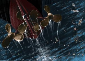 A Titanic transzatlanti vonalhajó hélixeinek képe az 1912. április 14-i és 15-i elsüllyedés idején. Alesandro Lonati illusztrációja. 2010 alkotó: Alessandro Lonati