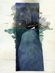 A Titanic transzatlanti vonalhajó képe az 1912. április 14-i és 15-i elsüllyedés idején, amelyet a jéghegynek való ütközés okozott. Illusztráció: Alessandro Lonati. 2011 alkotó: Alessandro Lonati