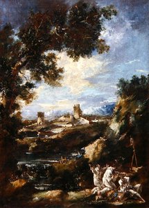 Tájkép karmelita testvérekkel imádkoznak egy út menti szentélyben, 1720 körül (olaj, vászon) alkotó: Alessandro Magnasco