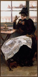 Egy fekete ruhás nő, újságot olvas, egy csésze kávét szürcsöl egy bisztróban. Alessandro Milesi festménye (1856-1945) Genes Galleria, Arte Moderna
