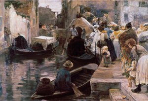 ""Esküvő Velencében"" Az ifjú házasok gondolán ülnek. Alessandro Milesi (1856-1945) festménye 1897 Róma. Galleria Nazionale d
