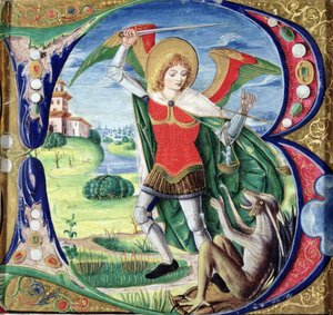 Történelmi kezdetű „B”, amely Szent Mihályt és a Sárkányt ábrázolja, 1499-1511 alkotó: Alessandro Pampurino