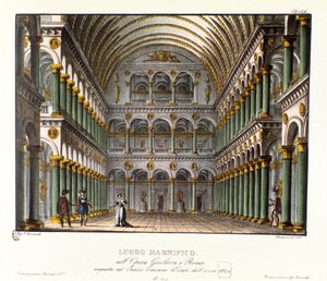 Csodálatos hely: a nagy palotaterem boltíves szcenográfia a Teatro Carcano 1829-es, Niccolo Antonio Zingarelli „Giulietta e Romeo” (Júlia és Rómeó) című operájának (1796) előadásához William Shakespeare „Rómeó és Júlia” című darabja után. Lith