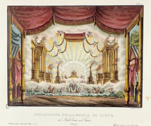 A Jupiter-szcenográfia királyságának megjelenése Giuseppe Sarti "Enea nel Lazio" (1799) című operadrámájának ábrázolására. Litográfia a „” Alessandro Sanquirico (1777-1849) festői találmányainak gyűjteménye 1830-ból”. milánói magánezr alkotó: Alessandro Sanquirico