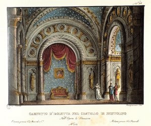 Isoletta kabinetje a bretagne-i Montolino kastélyban Szcenográfia Vincenzo Bellini „La straniera”” (1828) című operájának a Teatro alla scala előadásához 1829-ben. Litográfia „” Alessandro Sanquirico festői találmányainak gyűjteménye 1830-ból alkotó: Alessandro Sanquirico