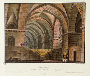 Norfolk meglátogatja a Leicester fogolyt a Scenography börtönben Gioacchino Rossini (vagy Gioachino) „Elisabetta, Regina d