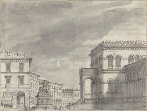 Piazza lovas emlékművel és palotával alkotó: Alessandro Sanquirico