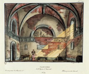 Börtöncella-szcenográfia Gioacchino Rossini (vagy Gioachino) „Tancredi” (vagy Tancrede) című operájának 1829-es milánói előadásához (1813) Voltaire „Tancrede” című darabja után. Litográfia „” Alessandro Sanq festői találmányainak gyűjteménye 1830-ból alkotó: Alessandro Sanquirico