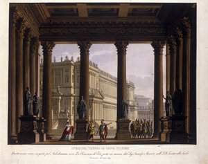 Alessandro Sanquirico (1777-1849) szcenográfiája Wolfgang Amadeus Mozart (1756-1791) „Tito kegyelme” című művéhez 1819-ben a milánói La Scalába mászik, és a Jupiter-templom átriumát ábrázolja Stator Statore: Sextust megállítják; hogy megőrizze Viterlit