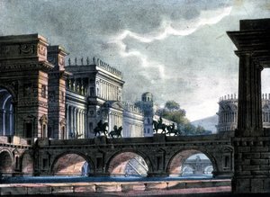 Sanquirico szcenográfiája Gaetano Donizetti „Róma száműzetése” című operájához, La Scala alkotó: Alessandro Sanquirico