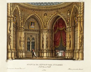 Elmire (vagy Elmiro) hálószobája Szcenográfia Gioacchino Rossini (vagy Gioachino) „Otello”” című operájához (1816) William Shakespeare „Othello vagy a velencei mór” című darabja után 1830 (litográfia) alkotó: Alessandro Sanquirico