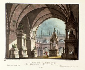 A Capulet család sírja (Capuleti) A Teatro Carcano 1829-es színházi előadásának szcenográfia Niccolo Antonio Zingarelli „Giulietta e Romeo” (Júlia és Rómeó) című operájának (1796) William Shakespeare „Rómeó és Júlia” című darabja után. Litográfia