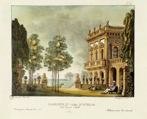 Kilátás Otello kertjére és házára. Szcenográfia Gioacchino Rossini (vagy Gioachino) „” Otello ”” című operájához (1816) William Shakespeare „Othello vagy a velencei mór” című darabja után. Litográfia „” Alessandra festői találmányainak gyűjteményében 1830- alkotó: Alessandro Sanquirico