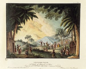 Egy finom völgy látványa az Újvilág meghódítása idején, a spanyol szcenográfia Giovanni Galzerani (1780-1865) olasz koreográfus (1828) „A spanyolok Peruban” című balettjéhez. Litográfia a „” szcenikai találmányok gyűjteménye d alkotó: Alessandro Sanquirico