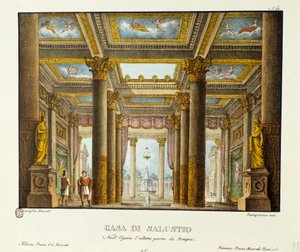 Kilátás a Salustio-házra (Saluste) Giovanni Pacini „Pompei utolsó napja” (Pompei utolsó napja) című művének ábrázolásához készült szcenográfia. Litográfia a „” Alessandro Sanquirico (1777-1849) festői találmányainak gyűjteménye 1830-ból”. Milánó alkotó: Alessandro Sanquirico