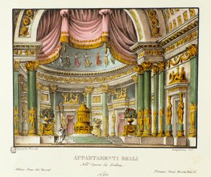 Karthágó Királynőjének Királyi Palotájának kilátása Didon Szcenográfia Niccolo Vito Piccinni (vagy Piccini) zeneszerző „” Didone” (Didon) (1783) című lírai tragédiájának ábrázolásához a Metastasio (Metasztázis) operája után. Litográfia „” Raccóban alkotó: Alessandro Sanquirico