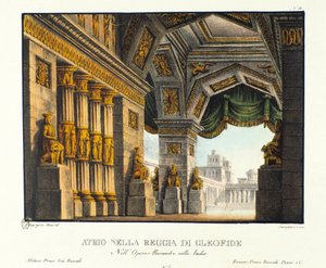 Kilátás a Kleófisz (Cleofide) királyi palota bejáratára, Poros király szeretőjére, akit Nagy Sándor szcenográfia győzött le a Metastase (Metastasio) „Alessandro Nell