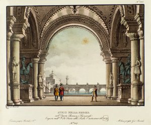 Kilátás a királyi palota termére Vincenzo Bellini „Bianca e Fernando” (1826) című operájának 1829-es ábrázolásához készült szcenográfia. Litográfia a „” Alessandro Sanquirico (1777-1849) festői találmányainak gyűjteménye 1830-ból”. Privát milánói alkotó: Alessandro Sanquirico