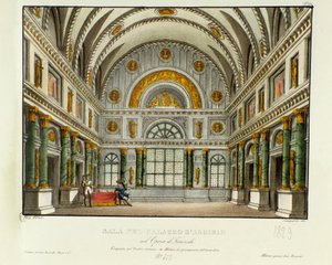 A szirakúzai király palotájának látképe Argirio Szcenográfia Gioacchino Rossini (vagy Gioachino) „Tancredi” (vagy Tancrede) című operájának (1813) 1829-es milánói előadásához Voltaire „Tancrede” című darabja után. Litográfia „” Raccolta di invenzion alkotó: Alessandro Sanquirico