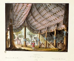 Kilátás Dzsingisz kán királyi sátrára, Giovanni Galzerani (1780-1865) (1828) olasz koreográfus „” Genis-Kan” című balettjéhez. Litográfia a „” Alessandro Sanquirico (1777-1849) festői találmányainak gyűjteménye 1830-ból”. milánói priv alkotó: Alessandro Sanquirico