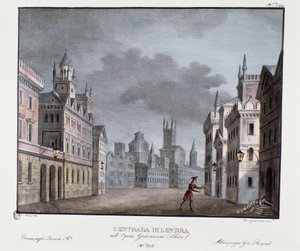 Kilátás London külvárosaira Carlo Ponti (1829) „Giovanna Shore” (Jeanne Shore) című operájának ábrázolásához készült szcenográfia. Litográfia a „” Alessandro Sanquirico (1777-1849) festői találmányainak gyűjteménye 1830-ból”. Milánói magángyűjtemény alkotó: Alessandro Sanquirico