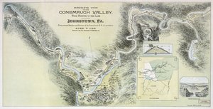 Madártávlati kilátás a Conemaugh-völgyre Ninivétől a tóig, Johnstown, Pa.: személyes vázlatokból és felmérésekből a Pennsylvania R.R. engedélyével alkotó: Alex. Y.; Pennsylvania Railroad Lee