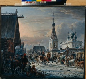 Orosz postaszánok (trojka), amelyek télen az utcán keringenek, és üdvözlik az úton lévőket (Utca postakocsikkal) - Alekszandr Osipovich Orlowski (1777-1832) festménye