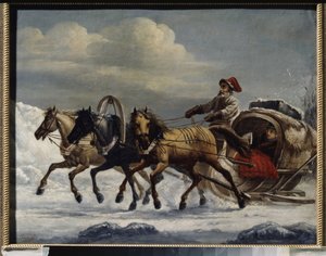 Trojka (három lóból álló csapat által húzott szán). Alexander Osipovich Orlowski (1777-1832) festménye, olaj, fém